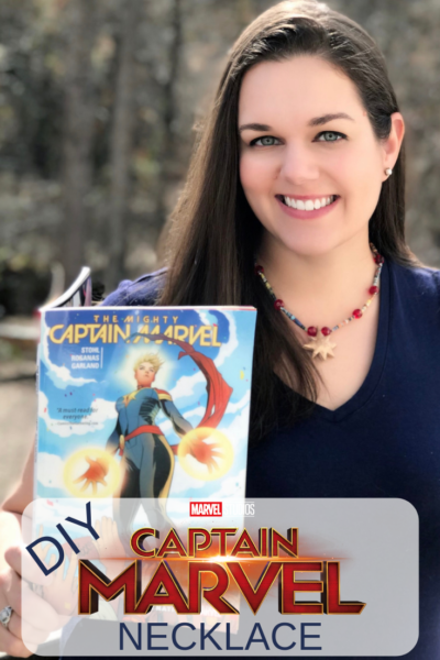 DIY Captain Marvel Necklace: made with upcyled comic book pages, this superhero craft is perfect for teens! The beads are hand-rolled and you can customize with your favorite colors. #SuperheroCraft #CaptainMarvel #DIY #JewelryMaking #MarvelStudios DIY Captain Marvel Necklace: made with upcyled comic book pages, this superhero craft is perfect for teens! The beads are hand-rolled and you can customize with your favorite colors. #SuperheroCraft #CaptainMarvel #DIY #JewelryMaking #MarvelStudios