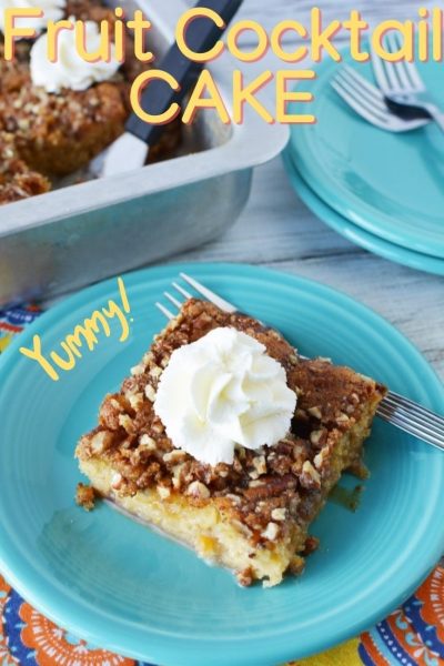Fruit Cocktail Cake is a classic that's made with a can of fruit cocktail! It's got a spongy texture with a pecan topping and a brown sugar glaze that soaks through. Fruit Cocktail Cake is a classic that's made with a can of fruit cocktail! It's got a spongy texture with a pecan topping and a brown sugar glaze that soaks through.