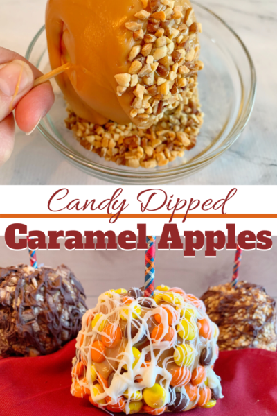 These homemade caramel apples are dipped and then candy coated to perfection. This EASY recipe avoid the stovetop. #CaramelApples #FallApples #AppleRecipe #CandyApples