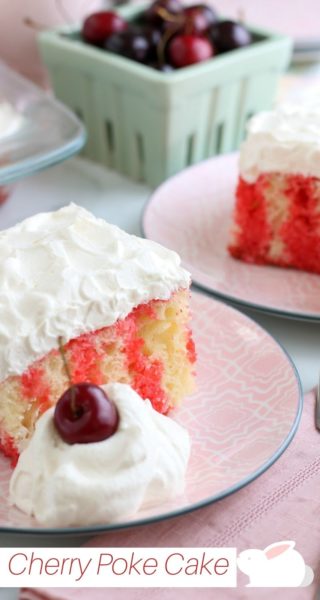 This Cherry Poke Cake is a fantastic Easter dessert recipe. The beautiful cake color creates a striped look and the marshmallow cream frosting is the perfect finishing touch. #Easter #EasterDessert #EasterCake #SheetCake #SheetCakeRecipe #CherryPokeCake #PokeCakeRecipe This Cherry Poke Cake is a fantastic Easter dessert recipe. The beautiful cake color creates a striped look and the marshmallow cream frosting is the perfect finishing touch. #Easter #EasterDessert #EasterCake #SheetCake #SheetCakeRecipe #CherryPokeCake #PokeCakeRecipe