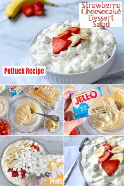 This is the perfect potluck dessert! Everyone always asks for this Strawberry Banana Cheesecake Dessert Salad recipe too. You can mix out the fruit to your preference or occasion. It serves a big crowd (or cut recipe in half). #DessertSalad #PotluckRecipe #SummerDessert #EasyDessertRecipe #StrawberryDessert #Cheesecake This is the perfect potluck dessert! Everyone always asks for this Strawberry Banana Cheesecake Dessert Salad recipe too. You can mix out the fruit to your preference or occasion. It serves a big crowd (or cut recipe in half). #DessertSalad #PotluckRecipe #SummerDessert #EasyDessertRecipe #StrawberryDessert #Cheesecake