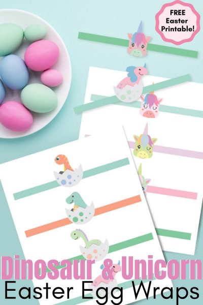 Print these FREE unicorn and dinosaur printable Easter egg wraps to decorate your dyed eggs. #Easter #EasterPrintable #EasterEggDying #DyingEggs