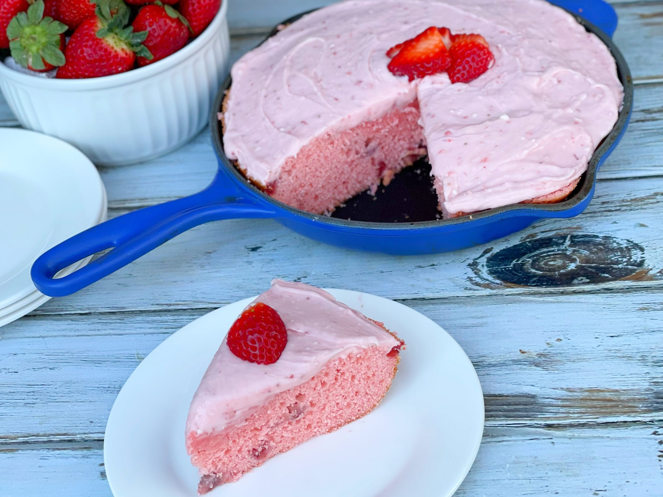 Fresh Strawberry Cake In Cast Iron Skillet